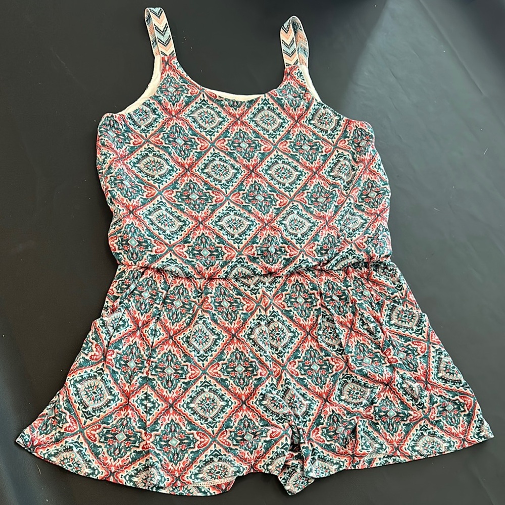 Art Class Diamond Pattern Romper Coral and Teal w/ embroidered straps & POCKETS